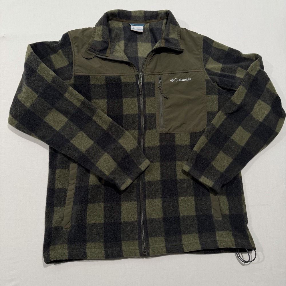 Columbia Mens Medium Green Plaid Full Zip Fleece Jacket Nylon Yoke Pocket XM0859
